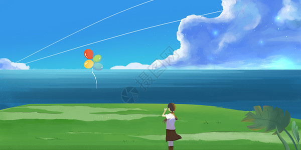 夏日海边风光海景气球插画插画