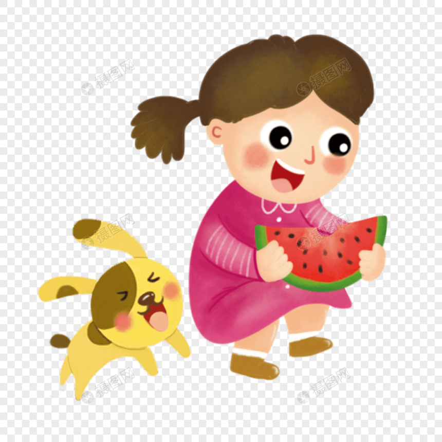 手绘吃西瓜的小女孩图片