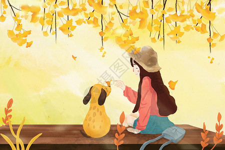 女孩和海豚元素秋天插画