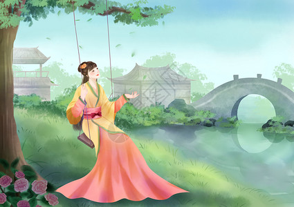 中国风仕女仕女荡秋千插画