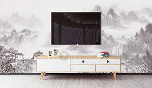 沙发背景墙壁画中国风电视背景墙设计图片
