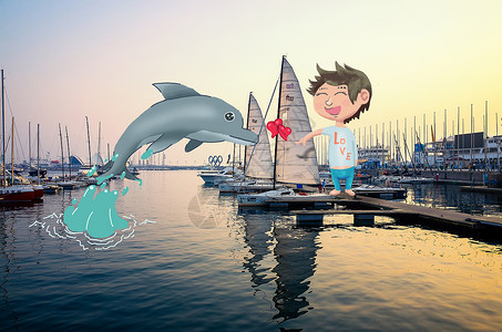 港湾码头海豚与男孩插画