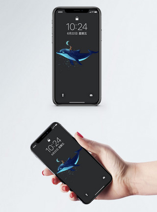 蓝色海报手绘背景星空海豚手机壁纸模板
