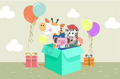 拉气球的动物惊喜盒子插画