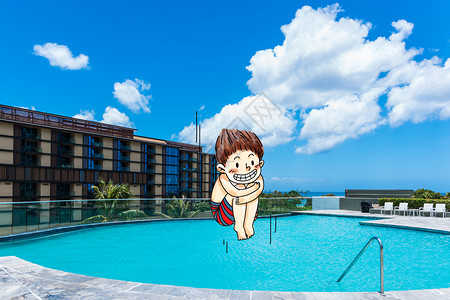 男游泳在泳池别墅跳水插画