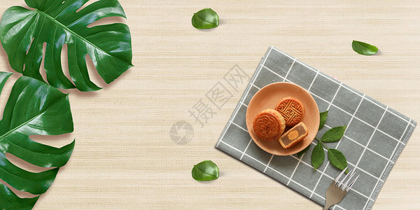 叉子与盘子中秋月饼设计图片