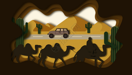 沙漠越野车剪纸风沙漠插画