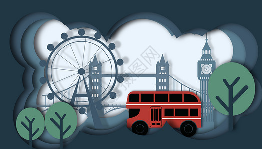 伦敦巴士剪纸风英国旅游插画