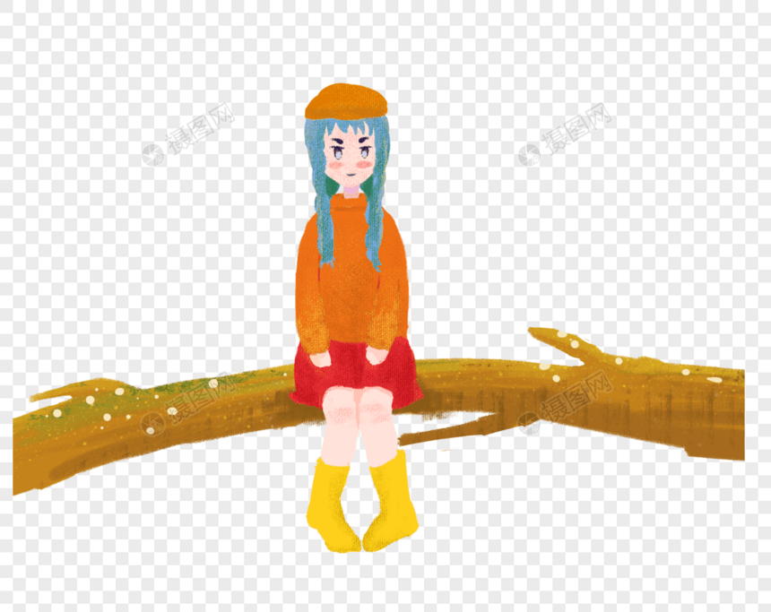 坐在树干上的小女孩图片