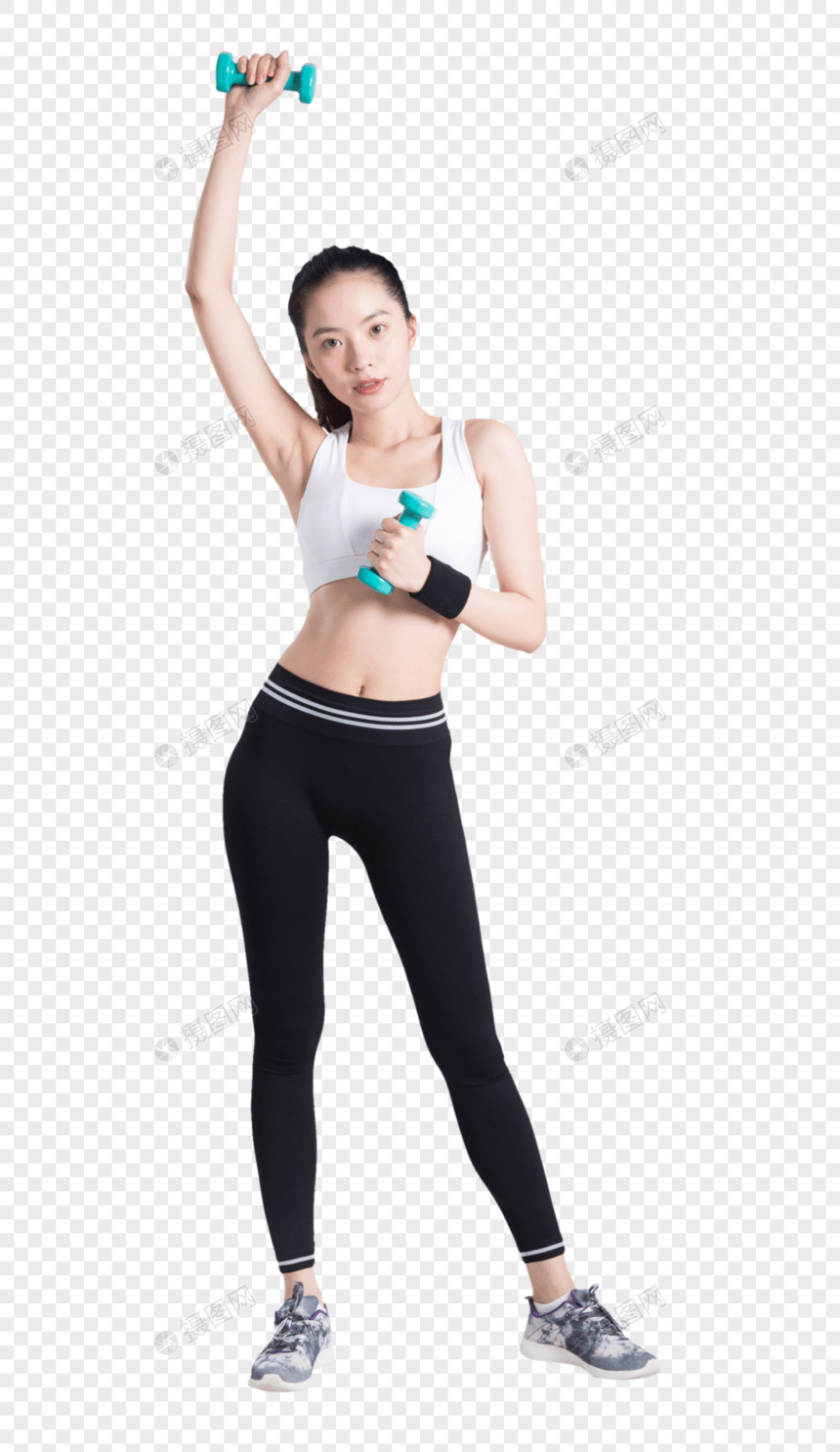 运动女性单手高低举哑铃动作图片