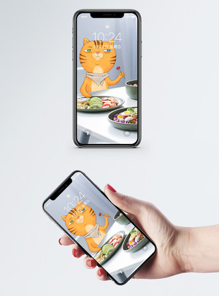 桌子插画小猫吃饭手机壁纸模板