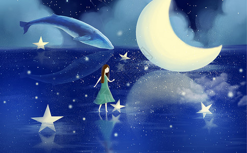 月光下鲸鱼仰望星空设计图片