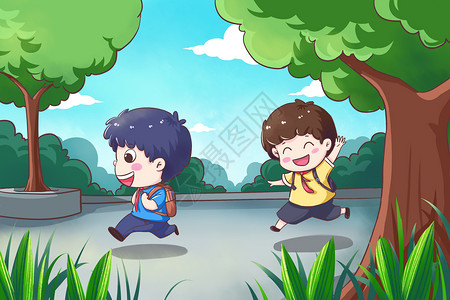 跑步上学孩子上学插画