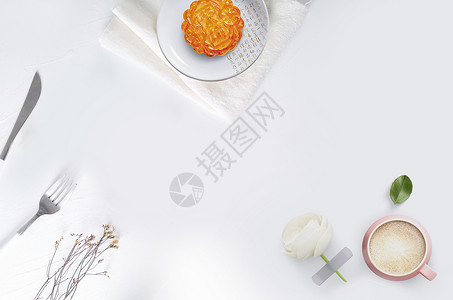 清新餐具中秋月饼简洁场景图设计图片