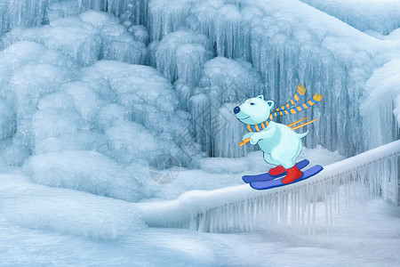 滑板滑雪滑雪北极熊插画