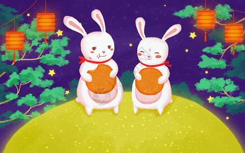 中秋节玉兔团圆质感插画设计高清图片
