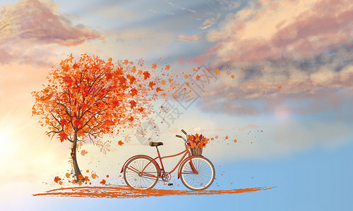 飘落树叶枫树下的自行车设计图片