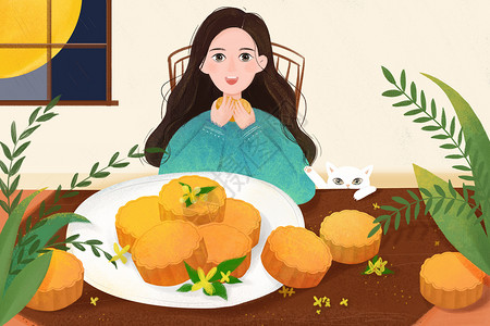 中秋节吃月饼的女孩图片
