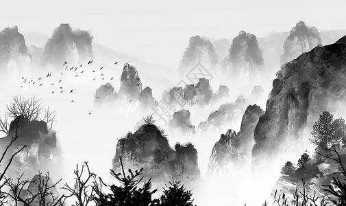 黑色中式中国风水墨山水画插画