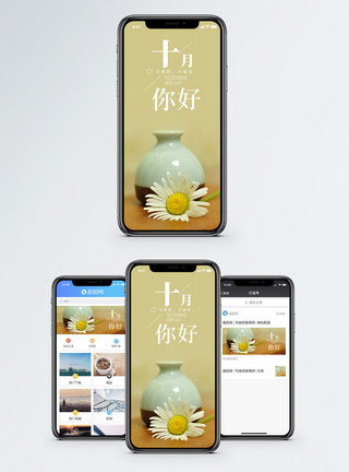 红色简约十月你好手机海报配图模板
