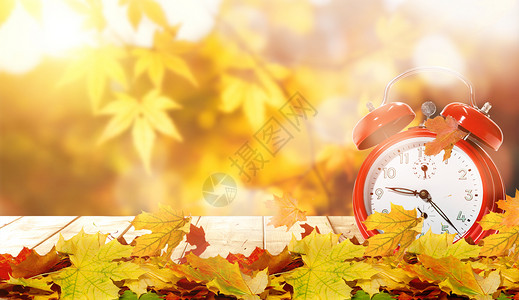 木闹钟秋季叶子背景设计图片
