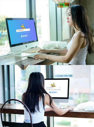 青年女医生使用电脑正在使用Mac电脑样机场景模板