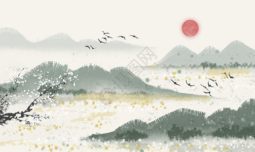 黑白风景画山水插画