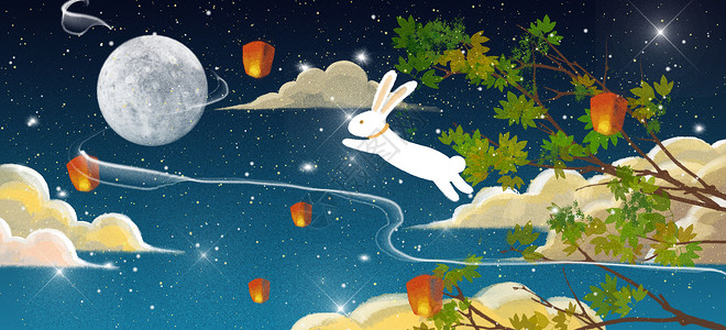 中秋兔子奔月中秋插画