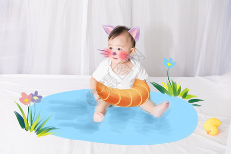 学步婴儿游泳的宝贝插画
