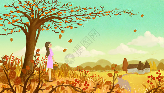 秋天插画捡柿子的女孩高清图片