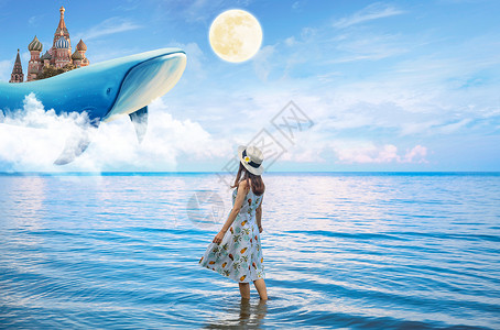 田野开心女孩眺望天上的鲸鱼设计图片