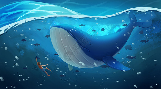 游泳少年海底与鲸鱼一起遨游插画