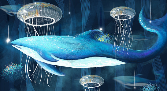 水下灯深海的鲸插画