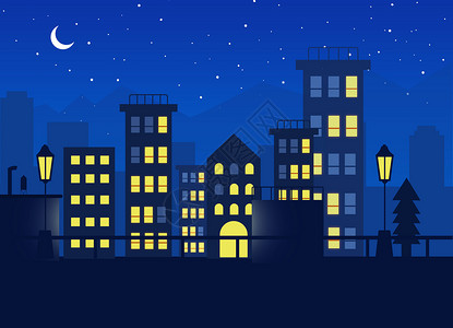 亮光星星夜晚灯火通明的城市插画
