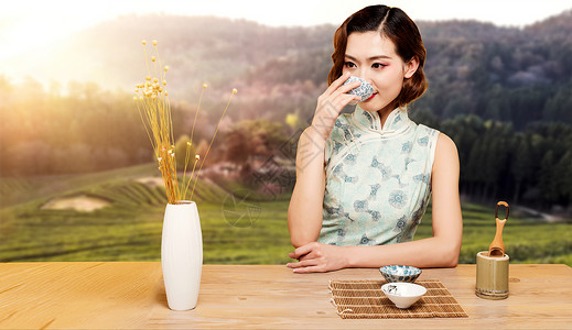 田园风光素材喝茶的女孩设计图片