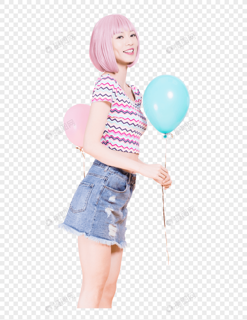 假发美女粉色背景气球创意照图片