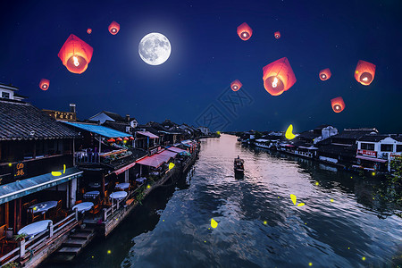 杭州运河夜景中秋月圆夜设计图片