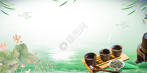 手拿茶碗绿茶养生设计图片
