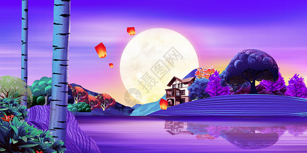湖面上的月亮中秋节孔明灯飞舞设计图片