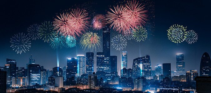 新年焰火背景城市烟花场景设计图片