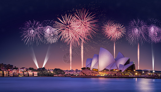 悉尼歌剧院夜景海边城市烟花场景设计图片