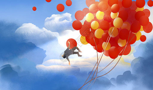 红色光感云层上飘扬的气球与男孩的梦插画
