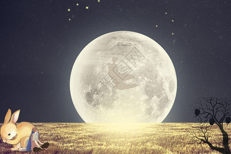 坐着玉兔的嫦娥中秋节田野赏月设计图片