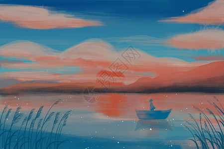 搜索油画素材傍晚的湖面 背景素材插画