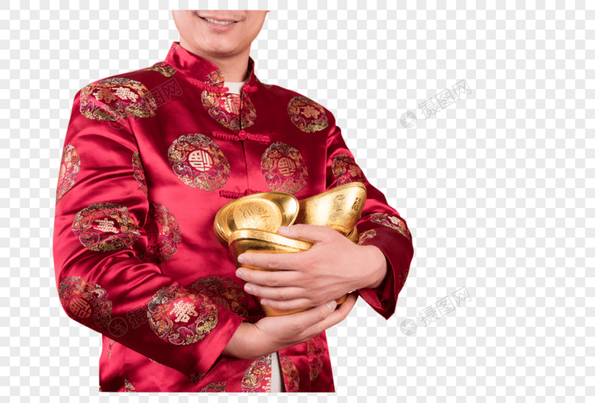 新年男性抱着金元宝图片