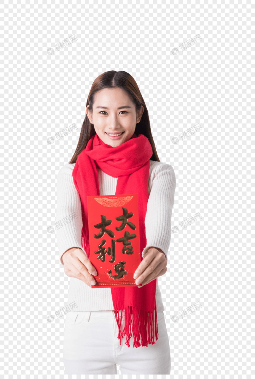 新年女性手拿红包图片