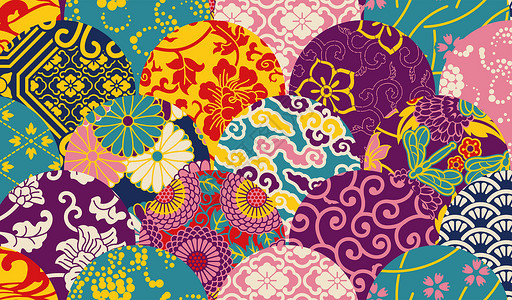 彩色婚礼花纹和风日系图案背景插画