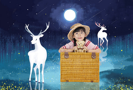 小女孩和鹿儿童的梦幻世界设计图片
