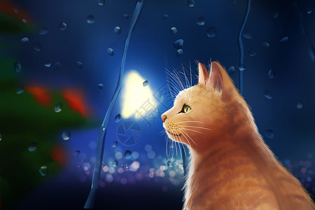 雨水玻璃素材猫和雨中的蝴蝶插画
