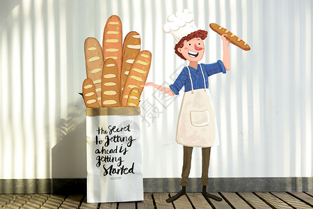卖面包纸袋长棍面包高清图片